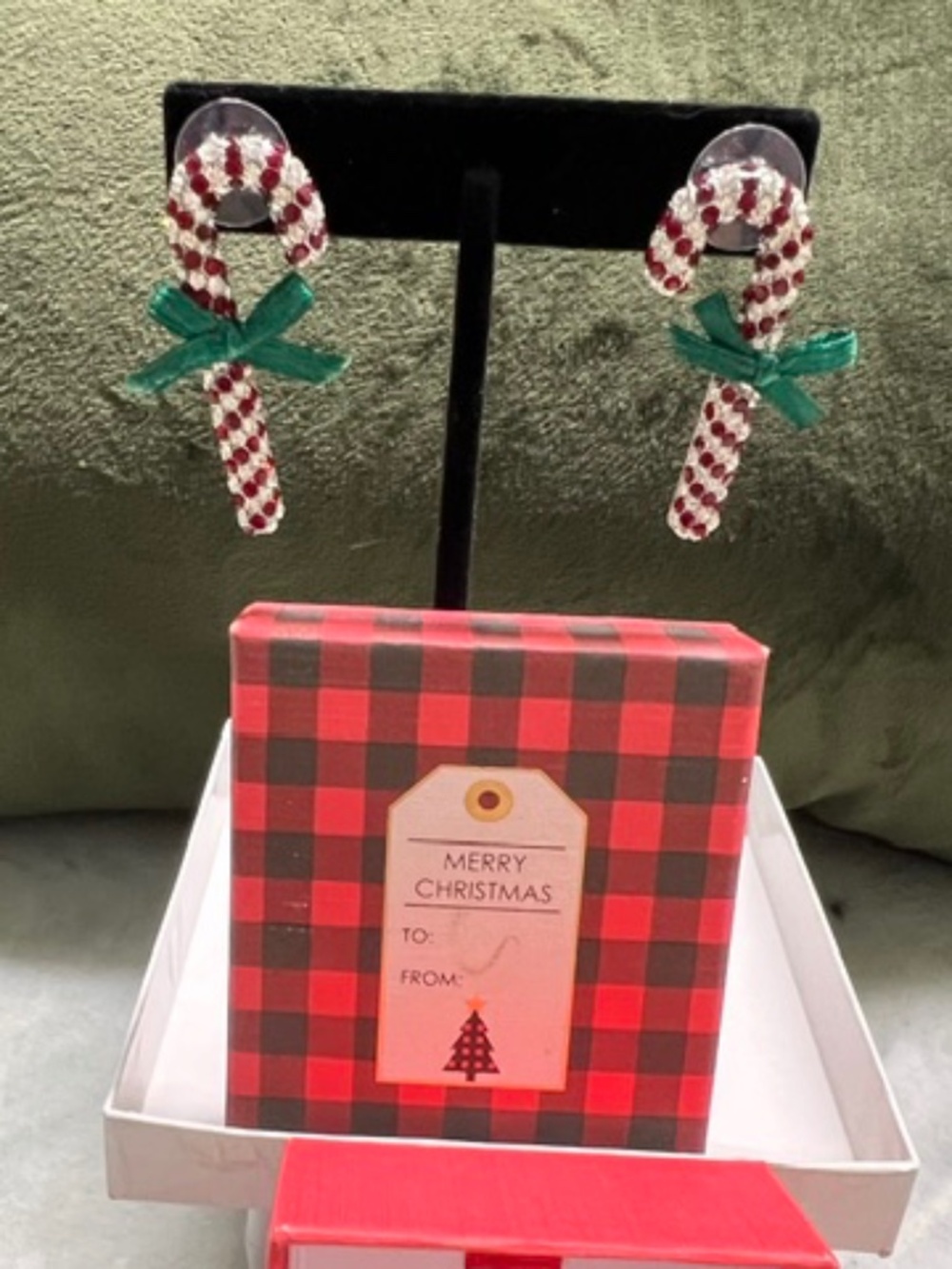 Holiday Lane Sparkly Red & White Rhinestone Candy Cane  Earrings